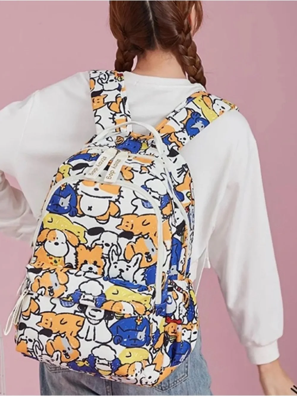 Cute Cartoon Puppy Print Backpack in White, Blue, Yellow, Orange